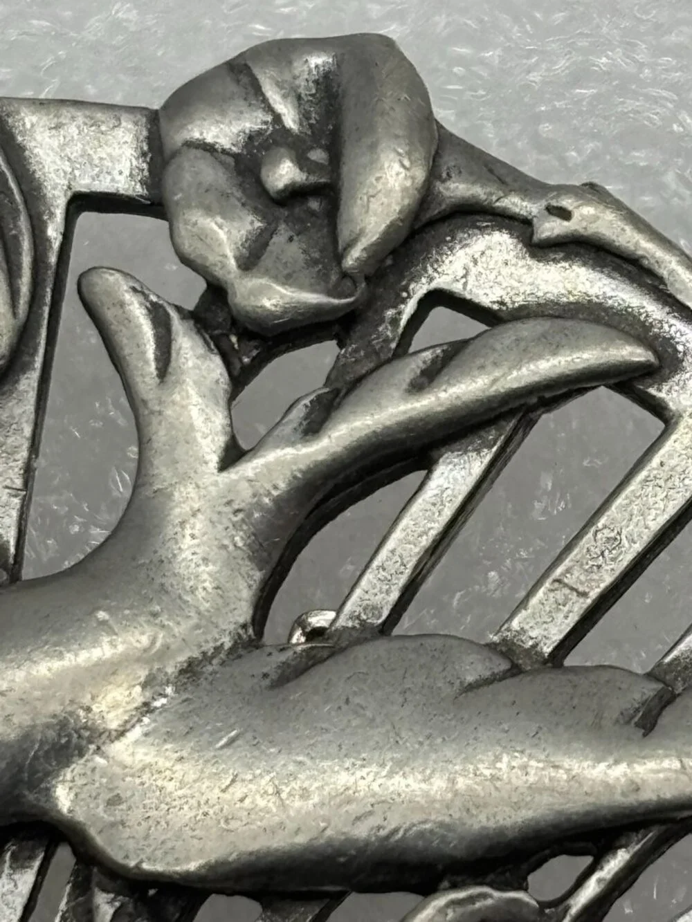 Vintage Bird in Flight Floral Fan Brooch Seagull Pewter Canada Late 1980s Signed